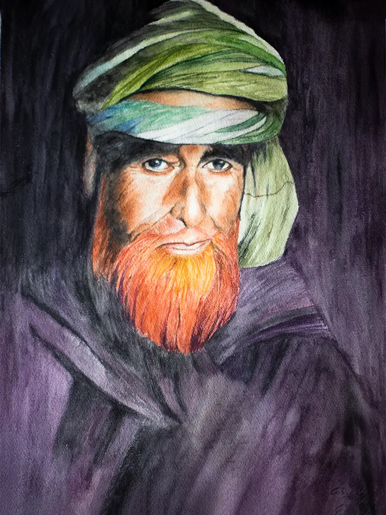 Obra de arte a color retratando a hombre árabe.