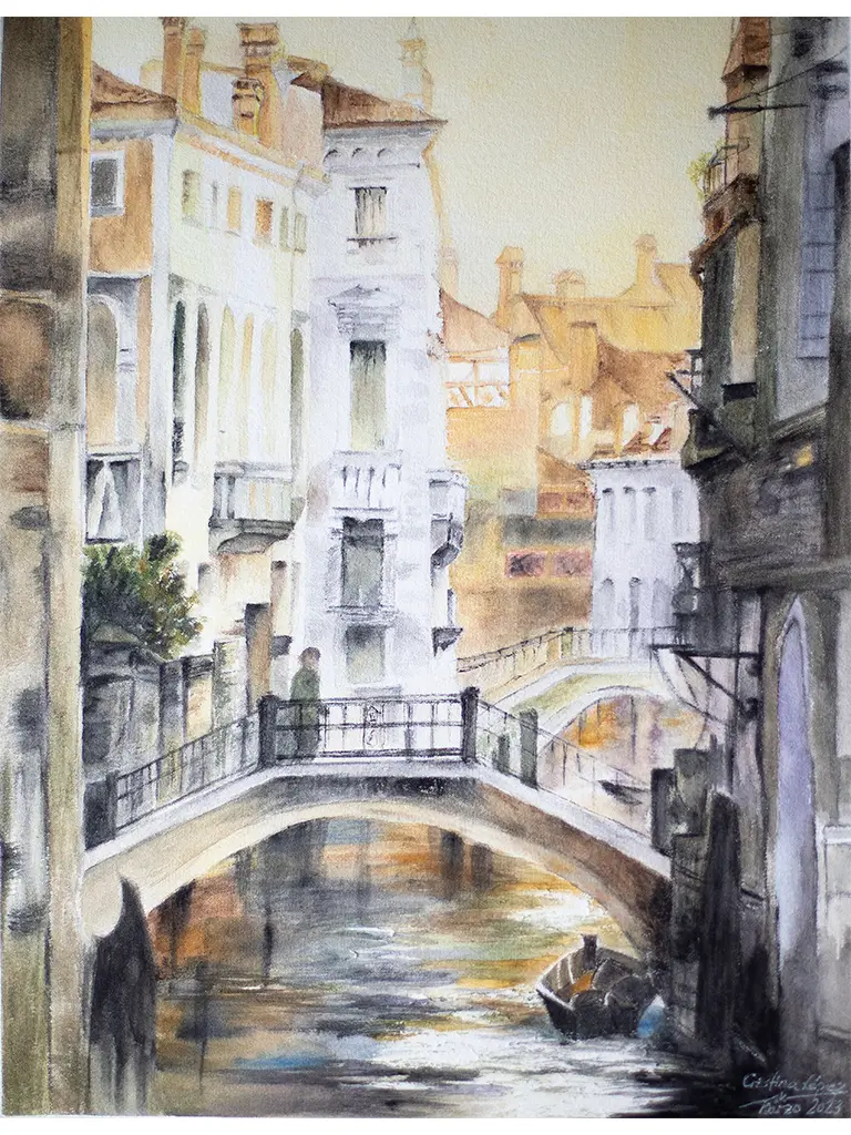 Obra de arte a color de un paisaje europeo.