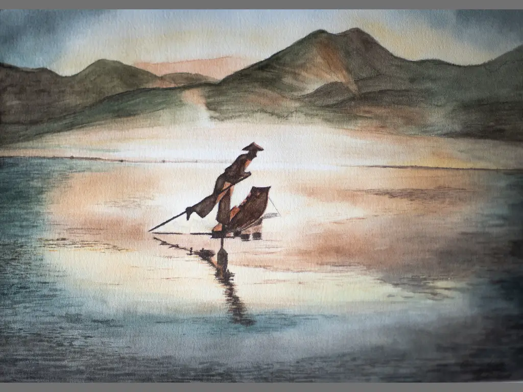 Obra de arte a color con acuarelas de un hombre navegando un lago.