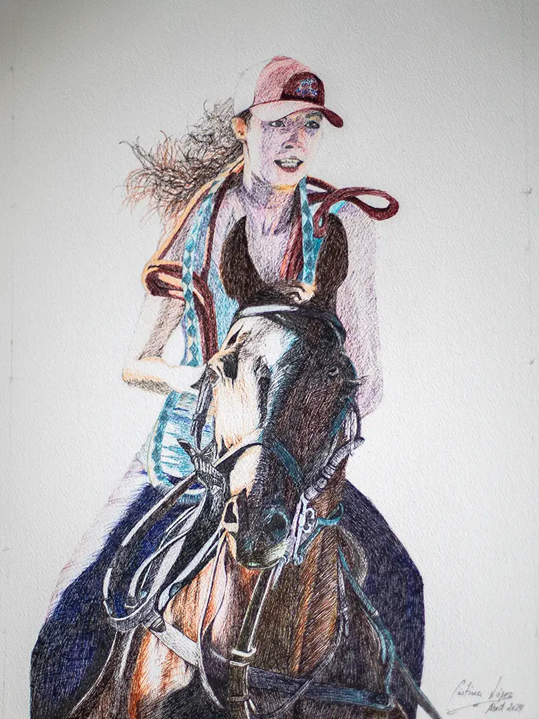 Dibujo de una chica a caballo creado con bolígrafo a color.