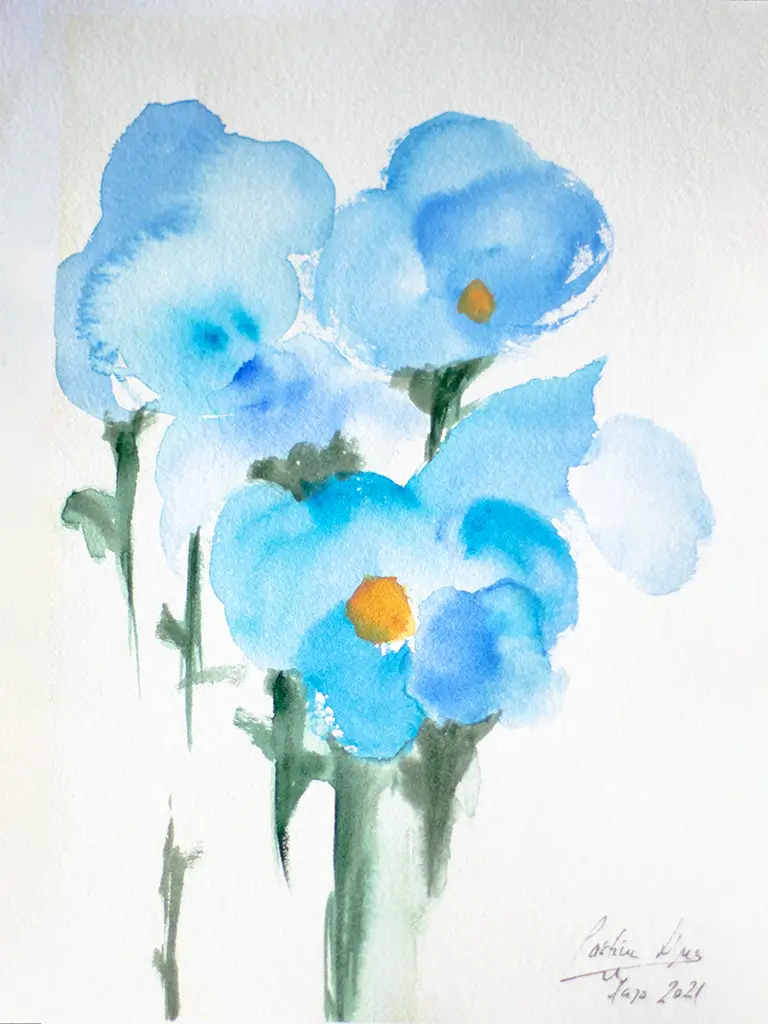 Pintura a color con acuarelas de flores azules.