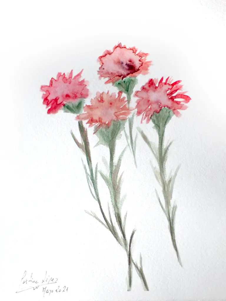 Pintura a color con acuarelas de flores rojas.